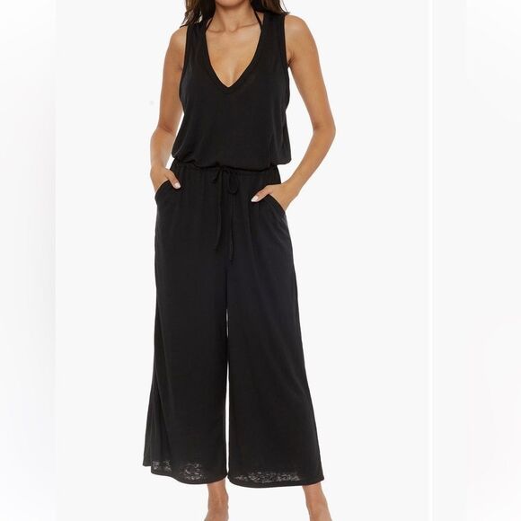 BECCA Black Sleeveless Jumpsuit with Wide-Leg Cropped Pants Cover up size Large - Picture 3 of 9